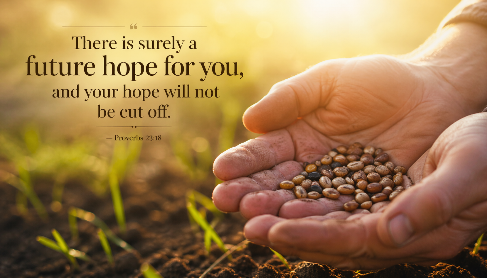 Pair of open hands cupping small seeds in warm morning sunlight soil green grass blurred background golden bokeh -- Proverbs 23:18 seeds hope wallpaper